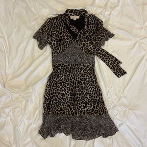 Michael Kors Mixed-Leopard print Georgette Tie Neck Dress
